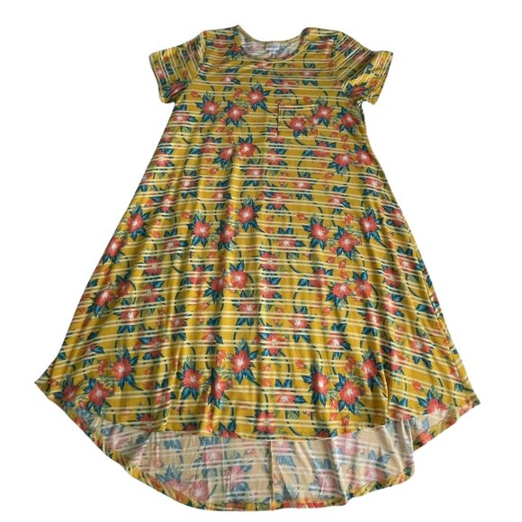 Lularoe Uneven Hem Yellow Floral Short Sleeve Swing Style T-Shirt Dress Size M - Picture 3 of 10
